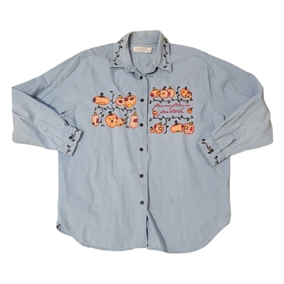 Vintage Embroidered Pumpkin Patch Denim Button Shirt Women's 1x Thanksgiving - Picture 1 of 8